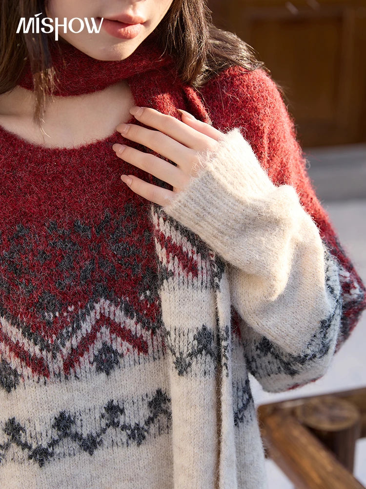 MISHOW Christmas Jacquard Retro Sweater Winter Geometric Red Scarf Fair Isle Sweater Wool Blend Thickened Knitted Top MXE51Z2628