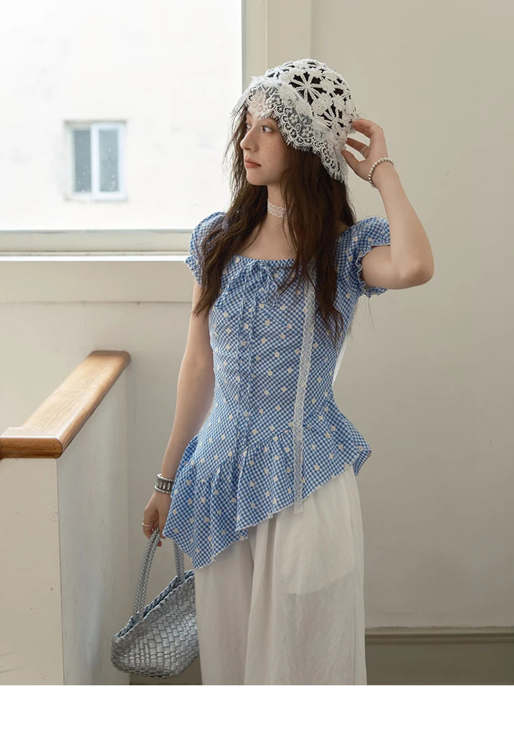 MISHOW Plaid Print Puff Sleeve Top for Women 2025 Summer Slim Square Neck Lace Up Asymmetrical Blouse Ladies Clothing MXE39X1930