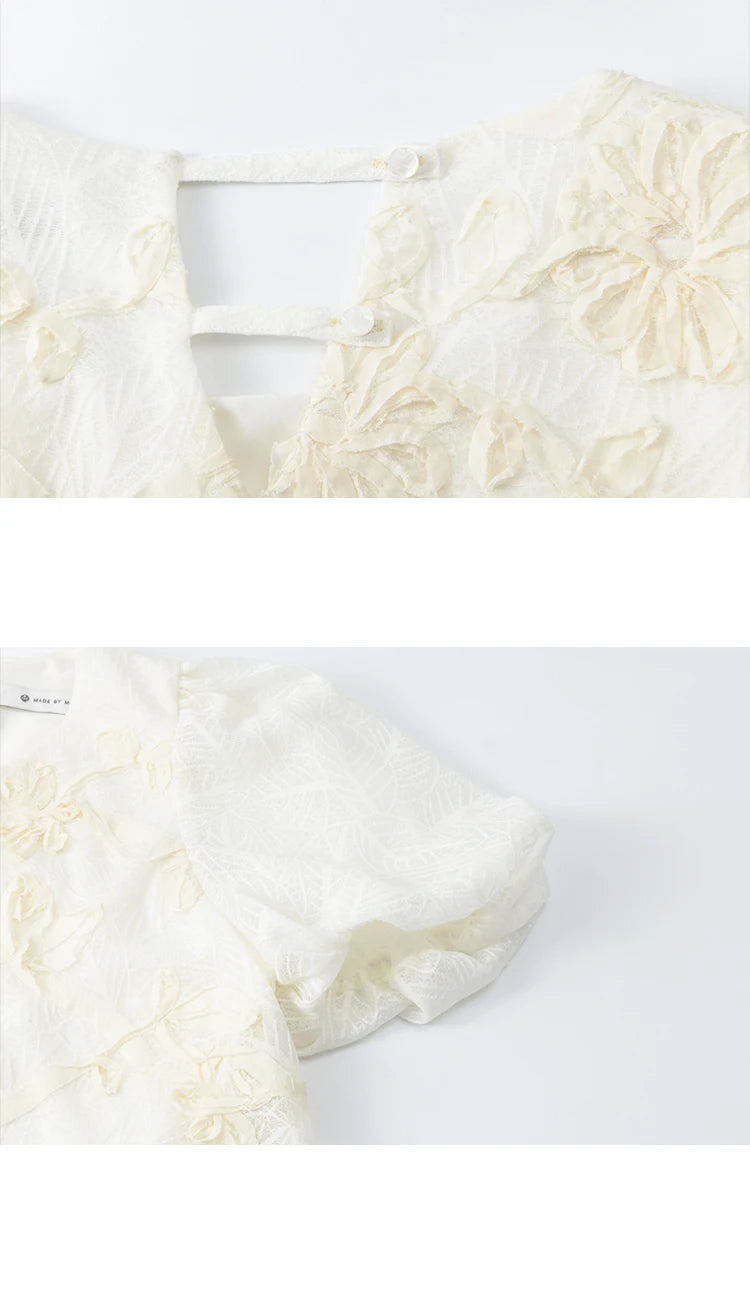 MISHOW French Summer Blouses Women New 2025 Short Puff Sleeve Round Neck Jacquard Flower Slim Shirts Woman Versatile MXE32X1772