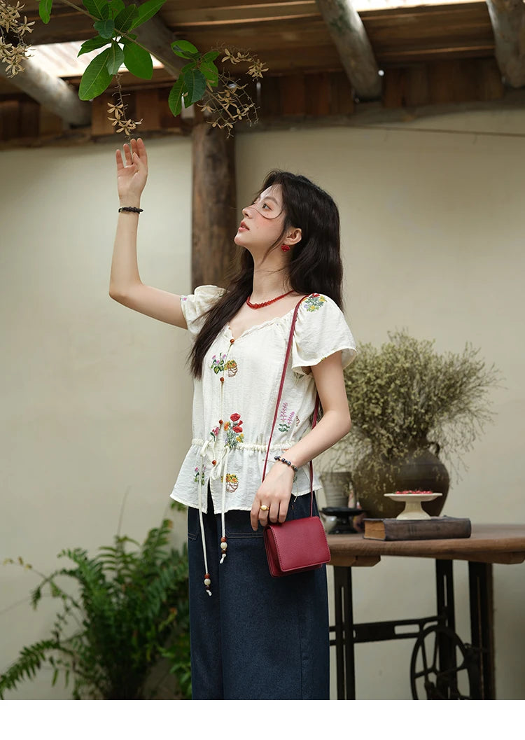 MISHOW Women's Fashion Flower Embroidery Blouse Summer 2025 Square Neck Lace Drawstring Short Top Ladies Clothing MXE37X1895