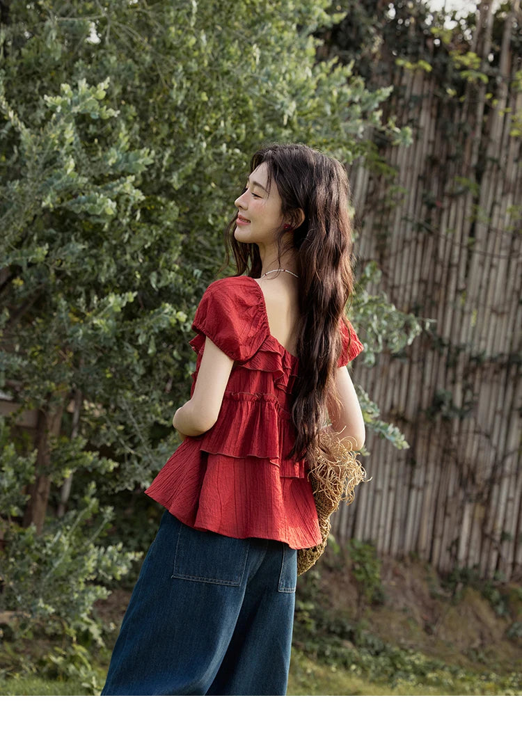 MISHOW Female Fashion Square Collar Loose Blouse 2025 Summer New Commute Puff Sleeve Tierred Top Women's Clothing MXE33X1763