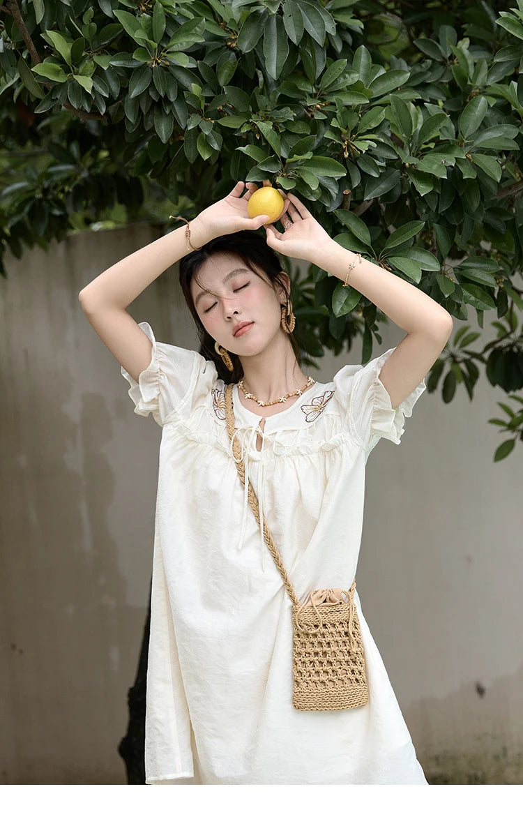 MISHOW Vacation Retro Sweet Dress for Women 2025 Summer Jacquard Embroidered Bubble Sleeve Dresses with Bohemian Belt MXD30L1864