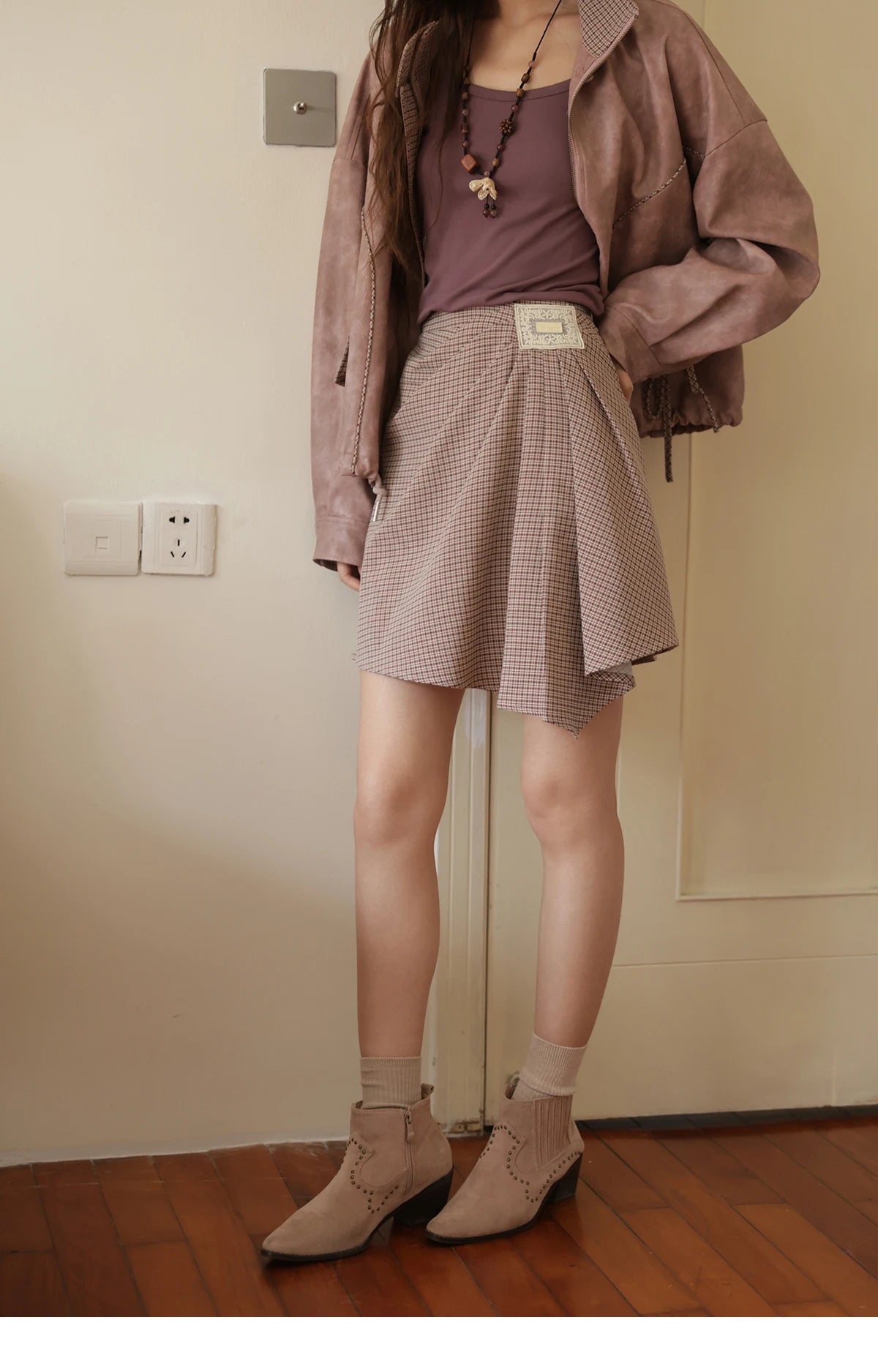 MISHOW Purple Plaid Short Skirt for Women Autumn 2025 Asymmetrical Patch Skirts Back Elastic Waist A-line Short Skirt MXE45B2411