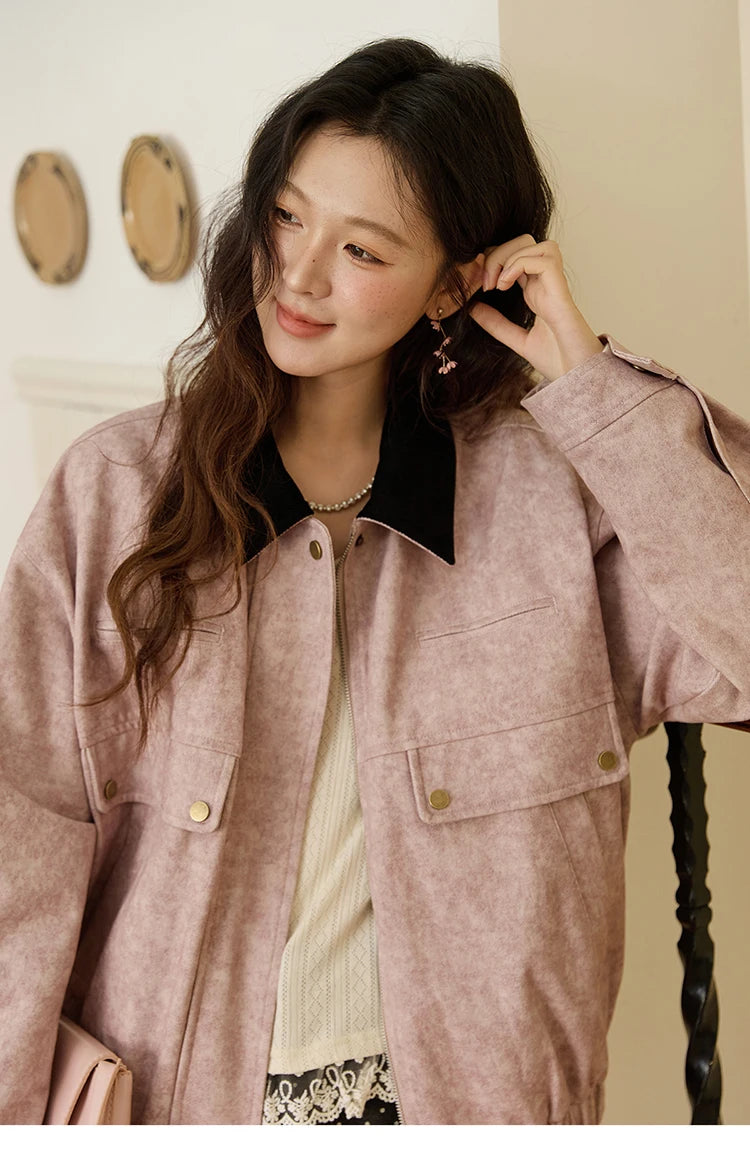 MISHOW Pink Purple Collision Black Lapel Jacket for Women Autumn Suede Metal Zipper Top Retro Loose Elastic Hem Coats MXE46W0865