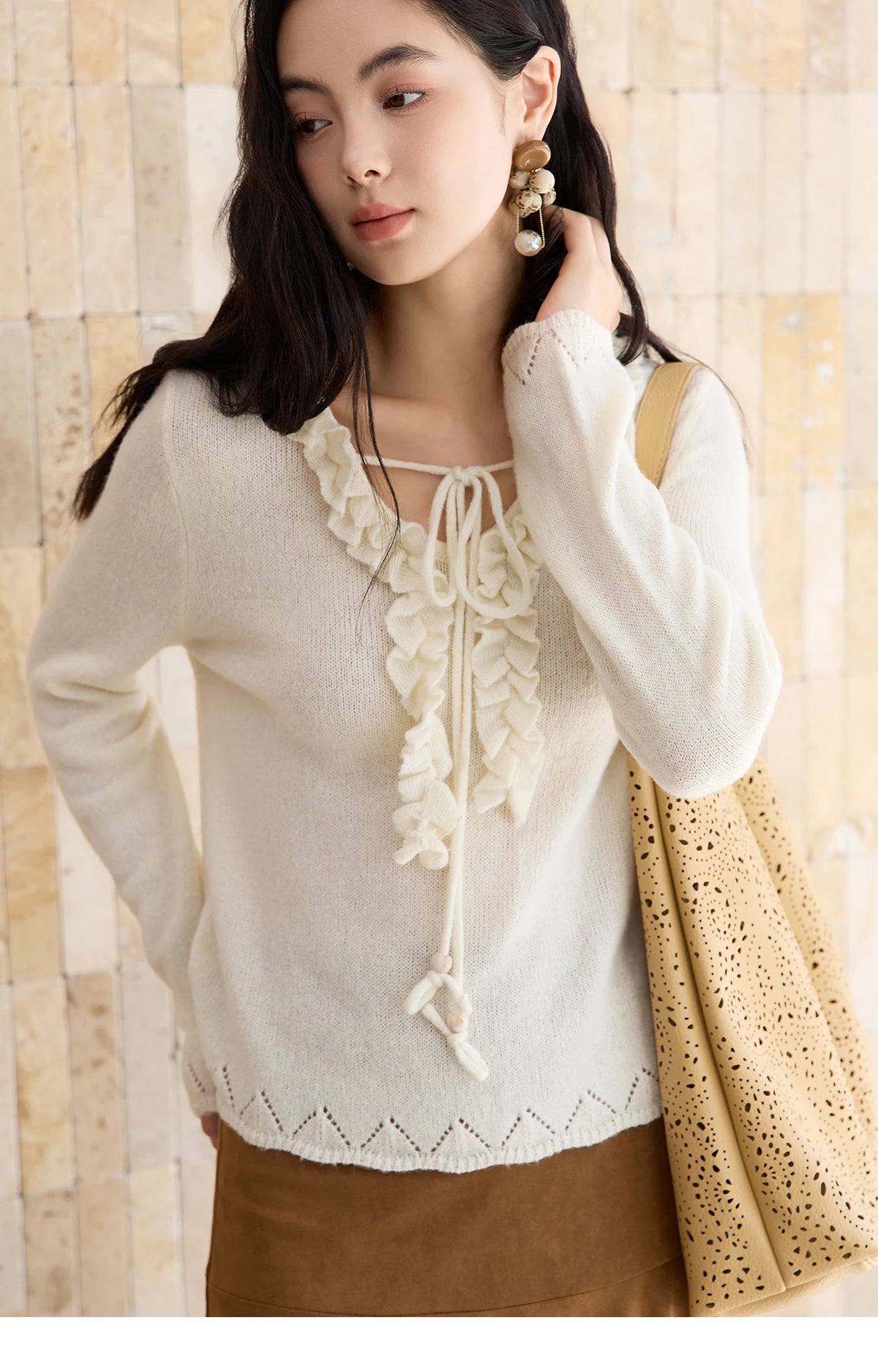 MISHOW Women Long Sleeve Tees 2025 Autumn New V-neck Wood Ear Hollow Out Knitted Sweater Women's Beige Wool Top MXE51Z2595