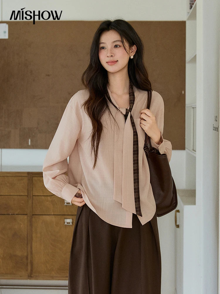 MISHOW Women's Dusty Pink Shirts Spring Plaid Tie Neck Loose Casual Shirt 100 Lyocell Lantern Sleeve Top Office Lady MXF108C0817