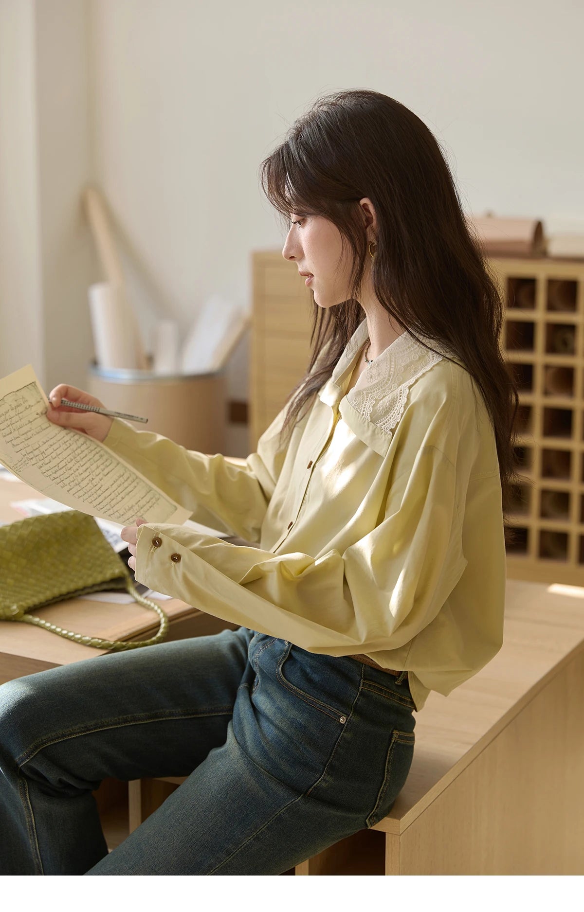 MISHOW Autumn Solid Cotton Shirt Autumn V-neck Double-layer Lace Retro Design Shirts Single Breasted Tops Office Lady MXE41C2366