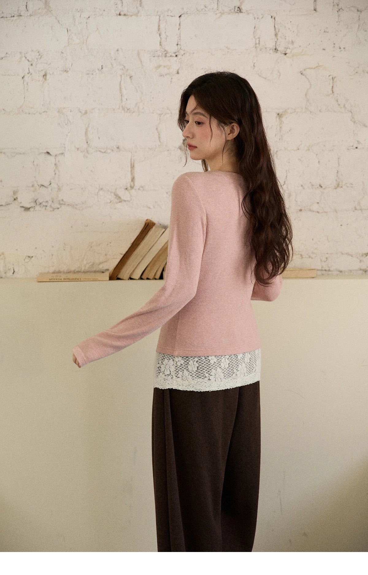 MISHOW Long Sleeve Tops for Woman 2025 Autumn Winter Sweet Gentle V-neck Top with Lace Trim Commute Slim Knit Top MXE86Z2673