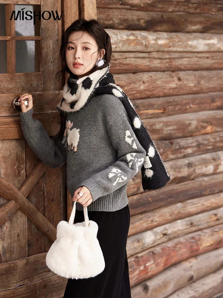 MISHOW Soft Lamb O-Neck Pullovers Color Clash Spliced Knitted Sweater 2024 Winter Women Clothes Thickened Warm Tops MXD59Z1140