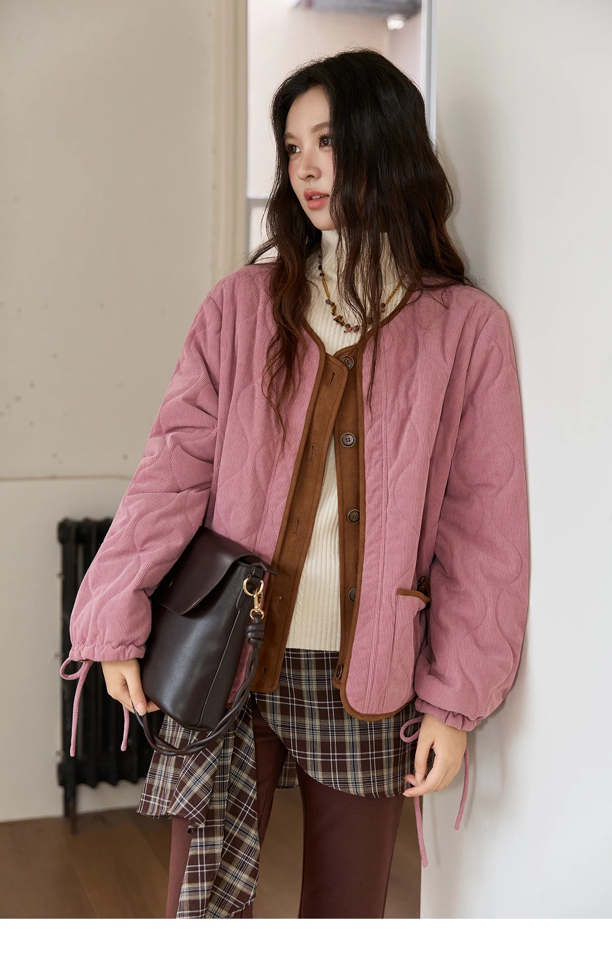 MISHOW Pink Purple Corduroy Jacket Women 2025 Winter Retro Gourd Pattern Pleated Cotton Splicing Suede Jacket Top MXE88W0882