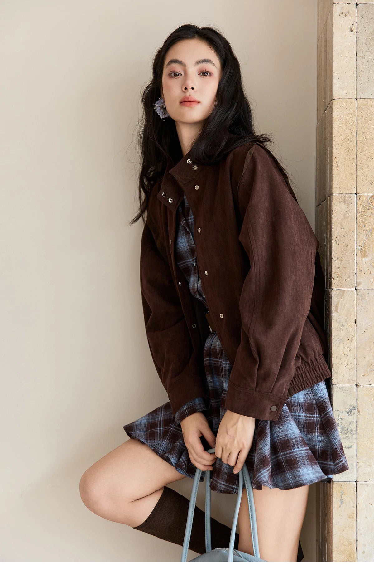 MISHOW Women's Blue Plaid Short Dress 2025 Autumn Retro Turn-down Collar Waist-Cinched Long Sleeve Dress with Belt MXE48L2525