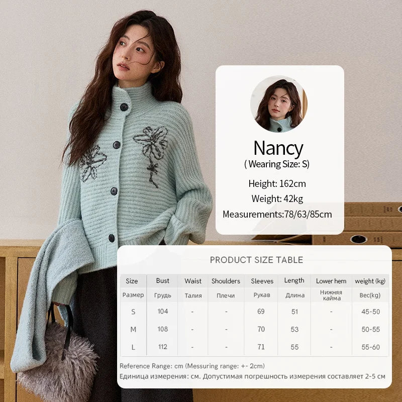 MISHOW Flower Jacquard Knit Cardigan Woman 2025 Winter Retro Luxury Loose Blue Stand-up Collar Outerwear Casual Top MXE86Z2665