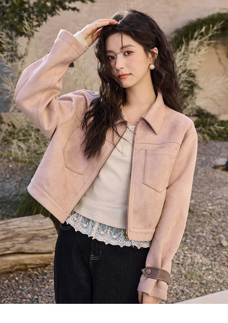 MISHOW Suede Symmetric Pocket Jacket American Vintage Zipper Short Outwear 2024 Winter Sweet Slim Lapel French Jacket MXD48W0478