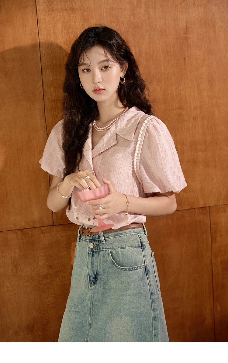 MISHOW Retro Pink Short Sleeved Shirt 2024 Summer V-neck Folded Ruffled Edge Top Elastic Cuffs Lapel Neck Blouses MXD29C0273