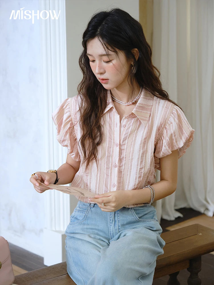 MISHOW Pink Turn-down Collar Flower Bud Sleeve Shirt for Women 2025 Summer New Women's Clothing Button Striped Shirt MXD24C0204