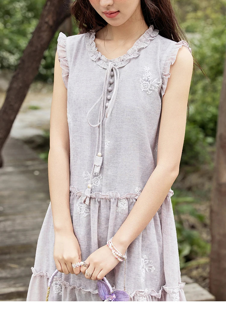 MISHOW Summer Embroidered Dress for Women 2025 New Round Neck Ruffled Sleeveless A-line Midi Dresses Female Fashion MXE33L2231