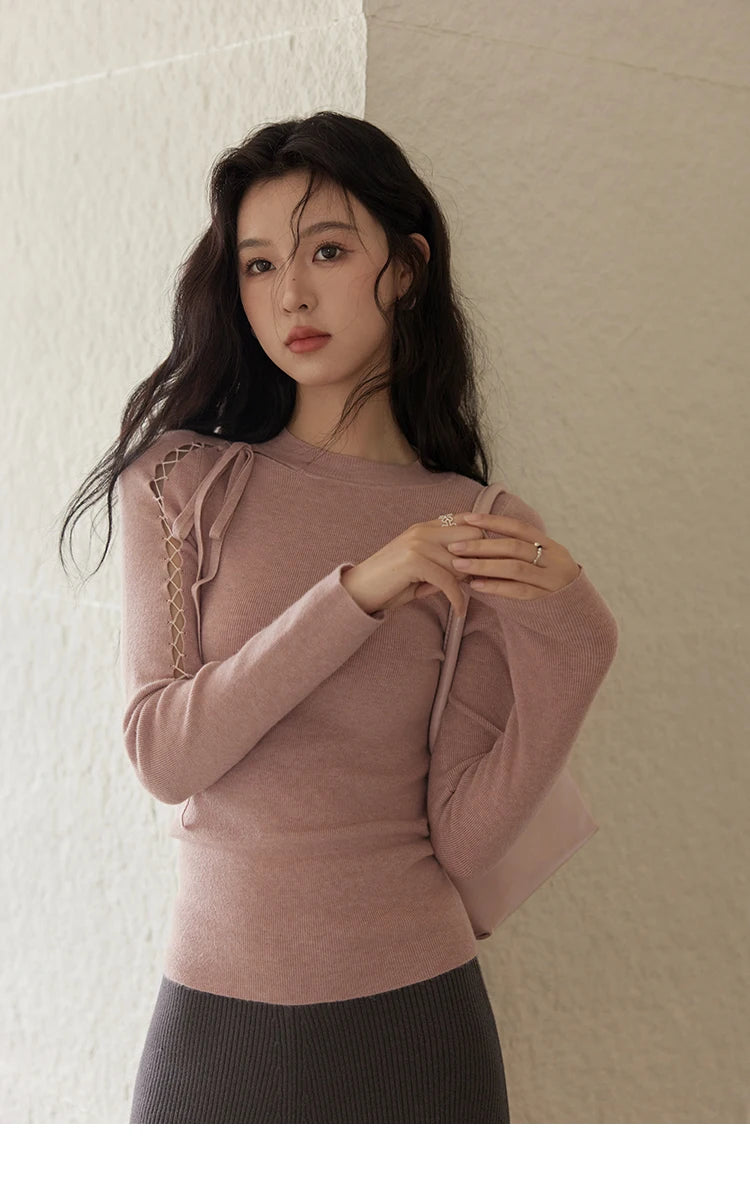 MISHOW Bottom Knit Sweater Women Fashion Hollow Tie Design Bottoming Shirt 2024 Fall New Warm Long-sleeved Slim Tops MXD45Z0766