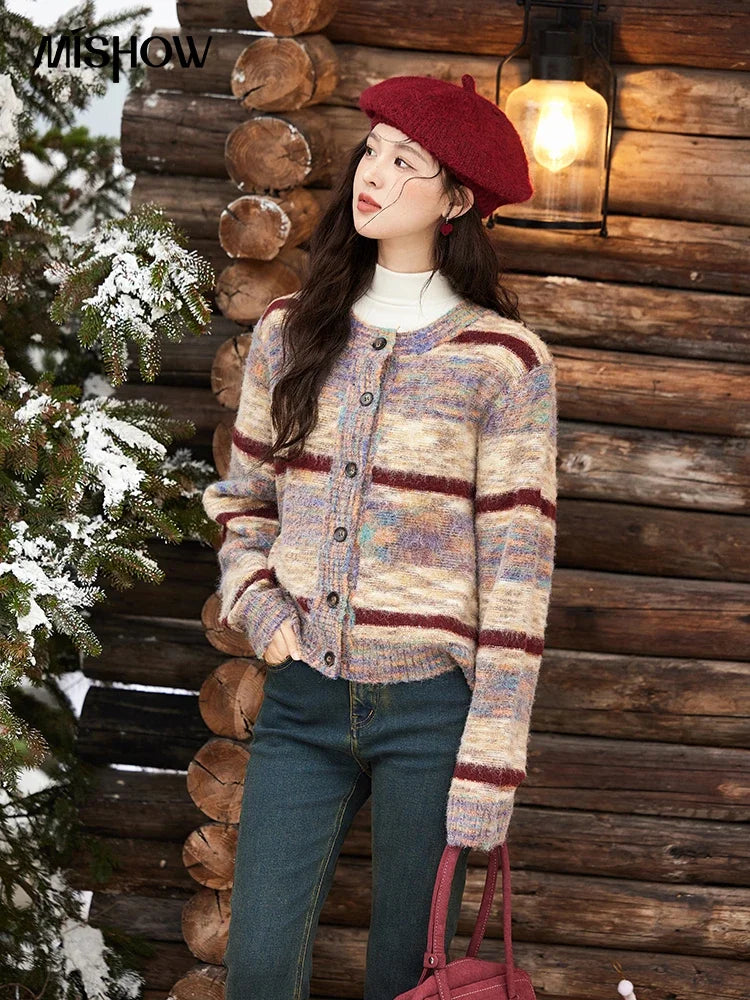 MISHOW Striped Sweaters Short Contrast Color Loose Casual O-Neck Single Breasted Tops Soft Warm Knitted Cardigans MXD59Z1061