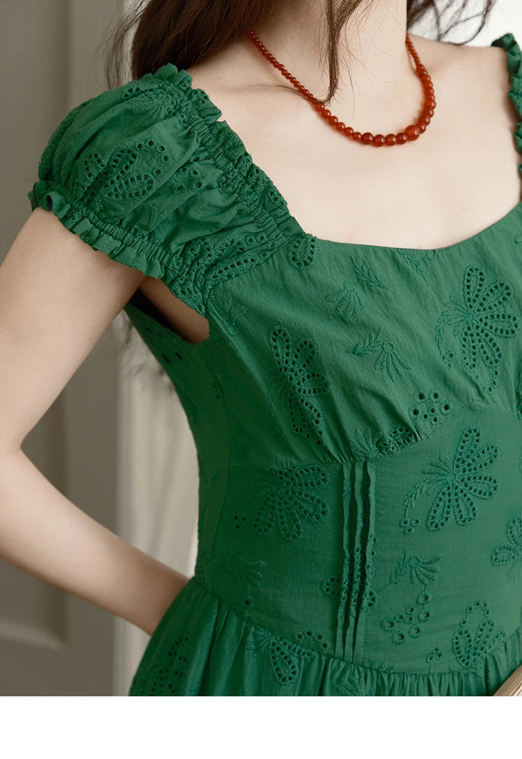 MISHOW Women's French Fashion Square Neck Dress 2025 Summer New Puff Sleeve Embroidery Midi Dresses Ladies Clothing MXE39L2325