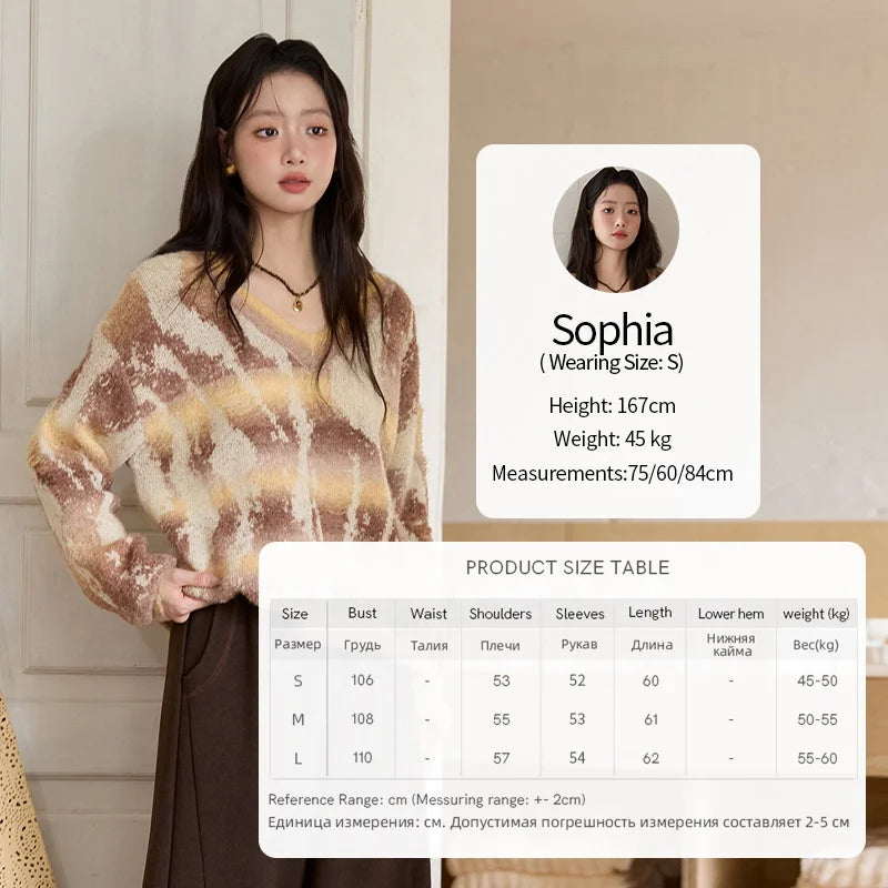 MISHOW Yellow Coffee Gradient Sweater Women 2025 Autumn Winter New V-neck Cable Knit Top Retro Commute Loose Sweater MXE51Z2627