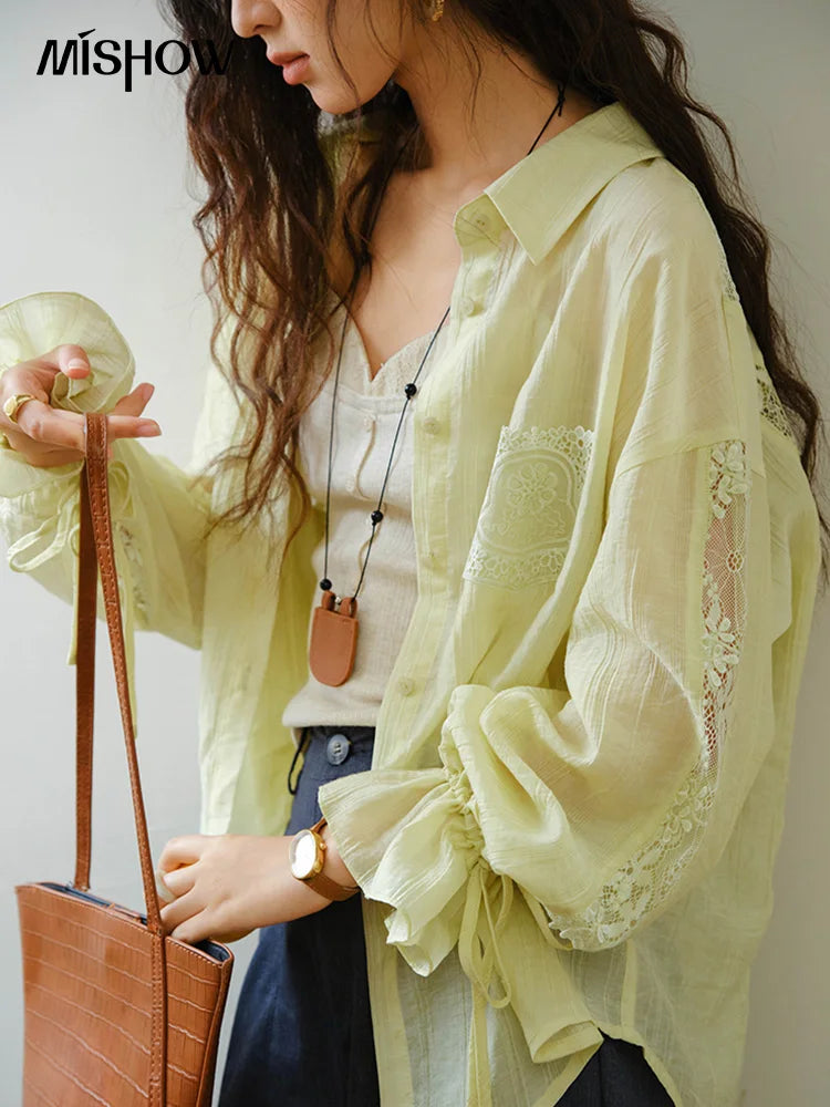 MISHOW Blend Patchwork Lace Cool Shirt Female Autumn 2025 Korean Loose Lapel Drop Sleeve Shirts Drawstring Cuffs Top MXE31C0789