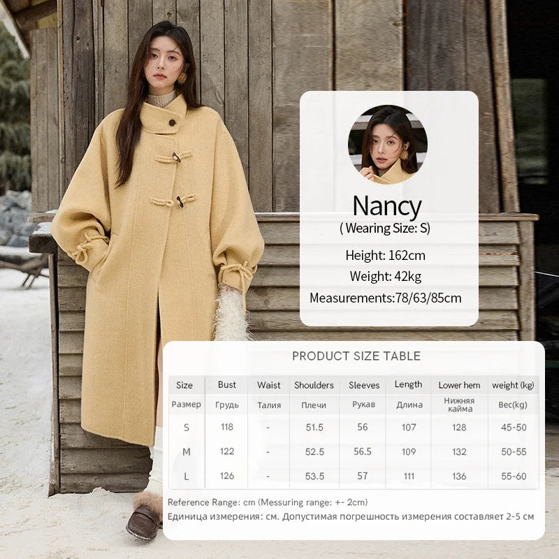 MISHOW Women's Long Coats 2025 Winter Yellow Double-faced 100% Wool Coat Windproof Lantern Sleeve Turtleneck Coat MXE51W0902