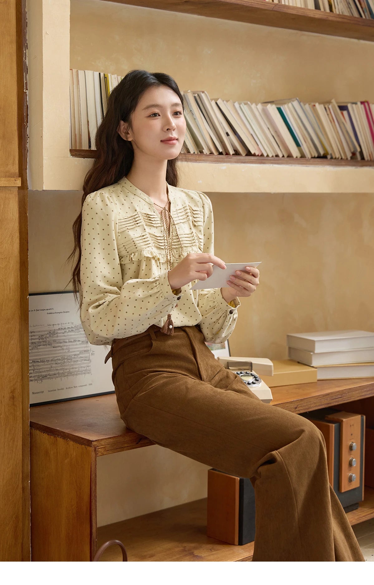 MISHOW Women's Polka Dot Ruffled Shirt 2025 Autumn Vintage Tie Tassel Round Neck Long-Sleeve Top Loose Casual Blouse MXE45X2477