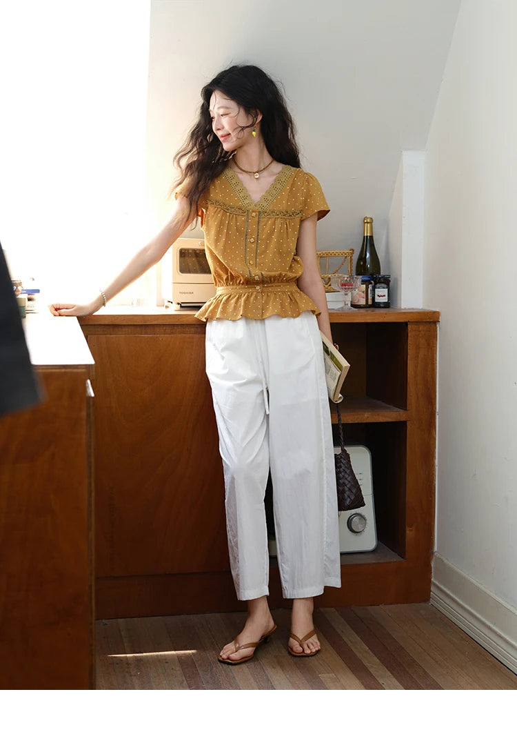 MISHOW Women's V-neck Lace Splicing Blouse 2025 Summer New Ladies Fashion Polka Dot Hollow Ruffle Button Female Top MXE38X1847