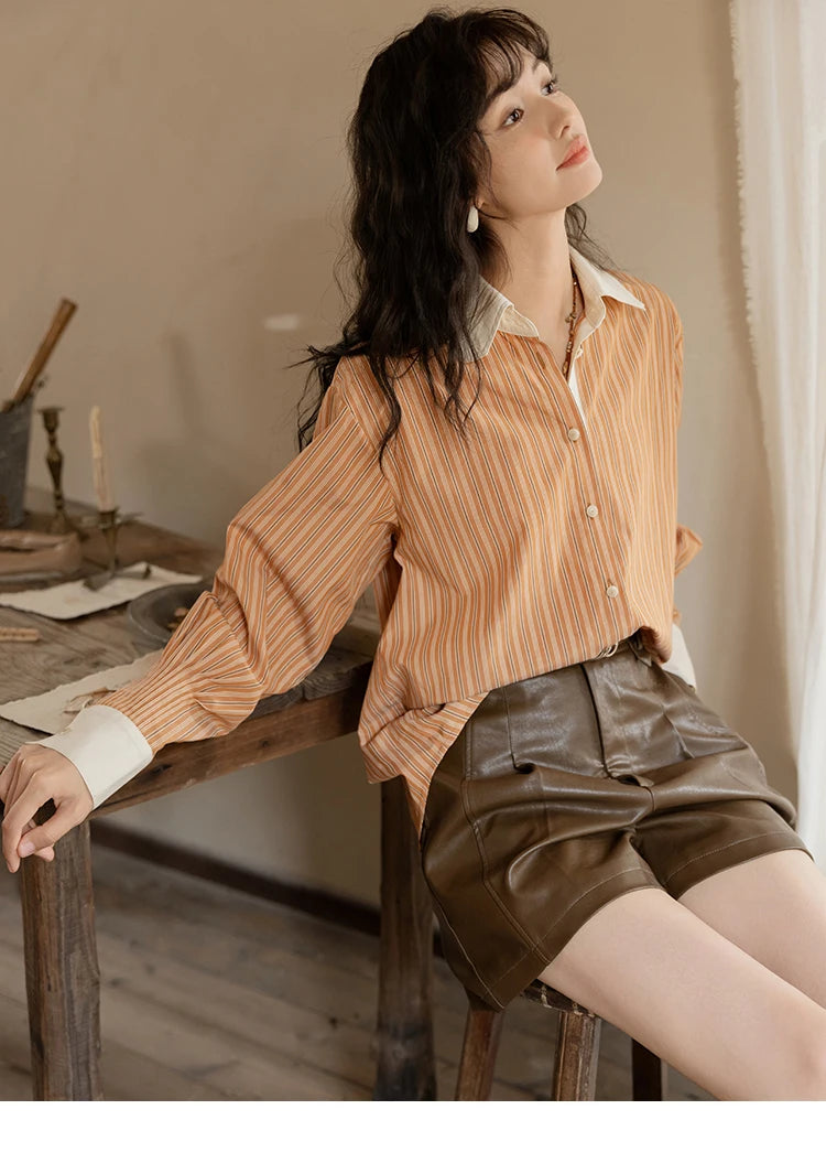 MISHOW Loose Striped Shirt for Women Autumn 2025 Contrasting Lapel Top Single Breasted Patchwork Shirts Office Lady MXD41C0286