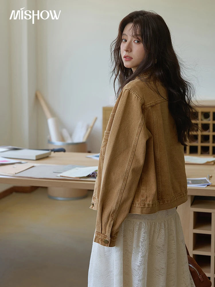 MISHOW Light Brown Vintage Denim Jacket for Women 2025 Autumn Embroidered Pockets Dropped Sleeve Retro Loose Jacket MXE41W0795