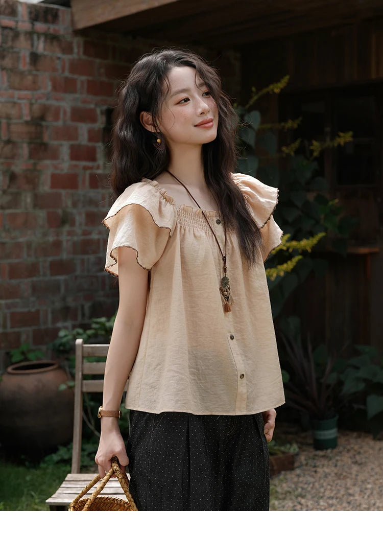 MISHOW Women's Fashion Butterfly Sleeve Blouse Summer 2025 New Loose Casual Square Neck Button Top Women's Clothing MXE37X1854