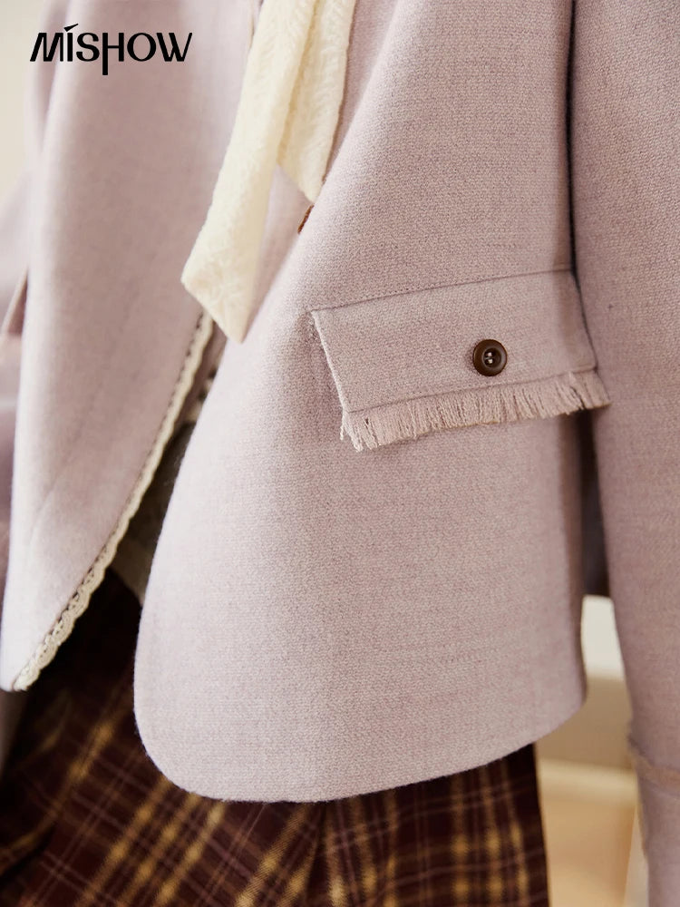 MISHOW Purple Woolen Coat for Women Autumn 2025 Slanted Placket Splicing Lace Coats Shoulder Pads Retro Short Jackets MXE47W0840