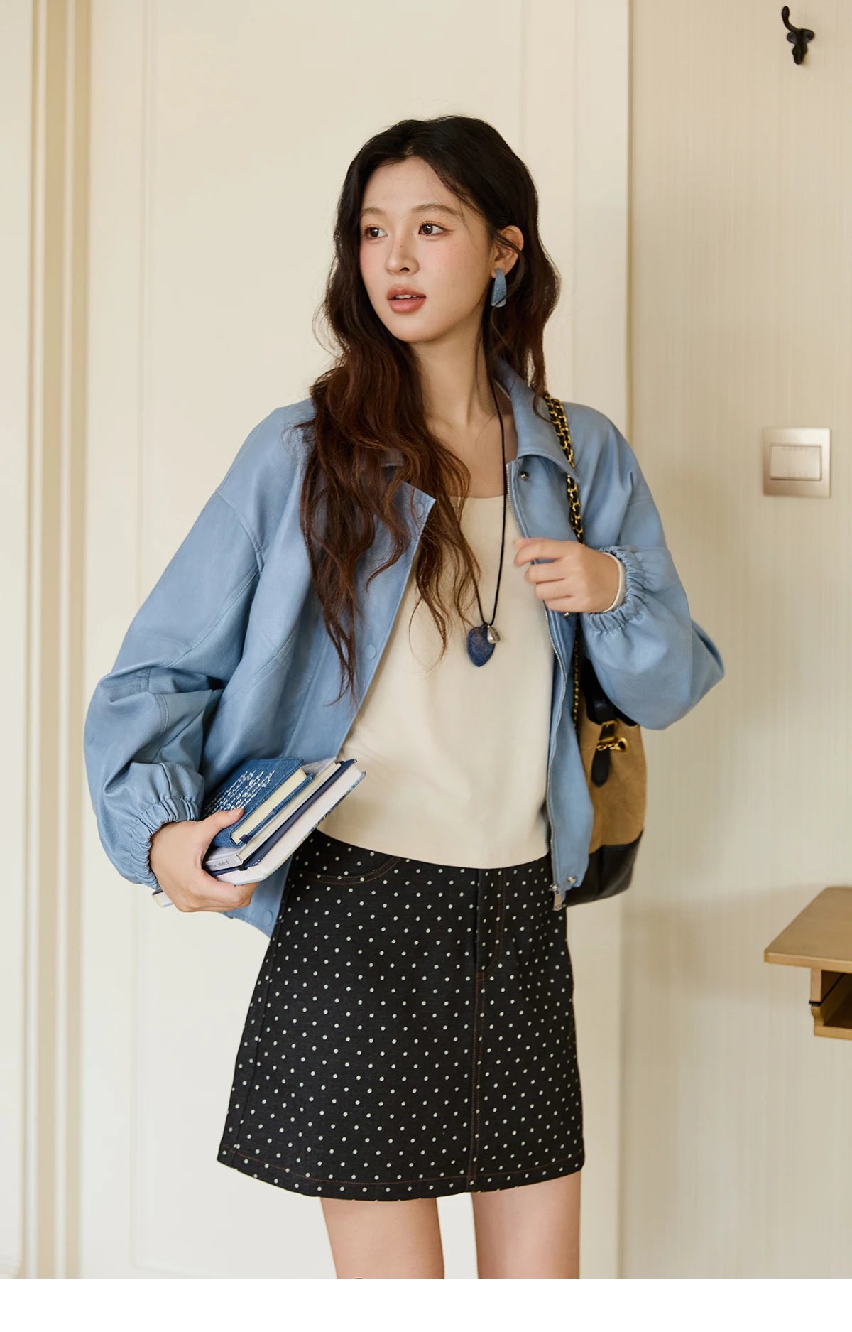 MISHOW Women's Blue Short Jacket 2025 Autumn Hip-hop Style Loose Zipper Coat Commute Pu Leather Lapel Fashion Jackets MXE45W0822