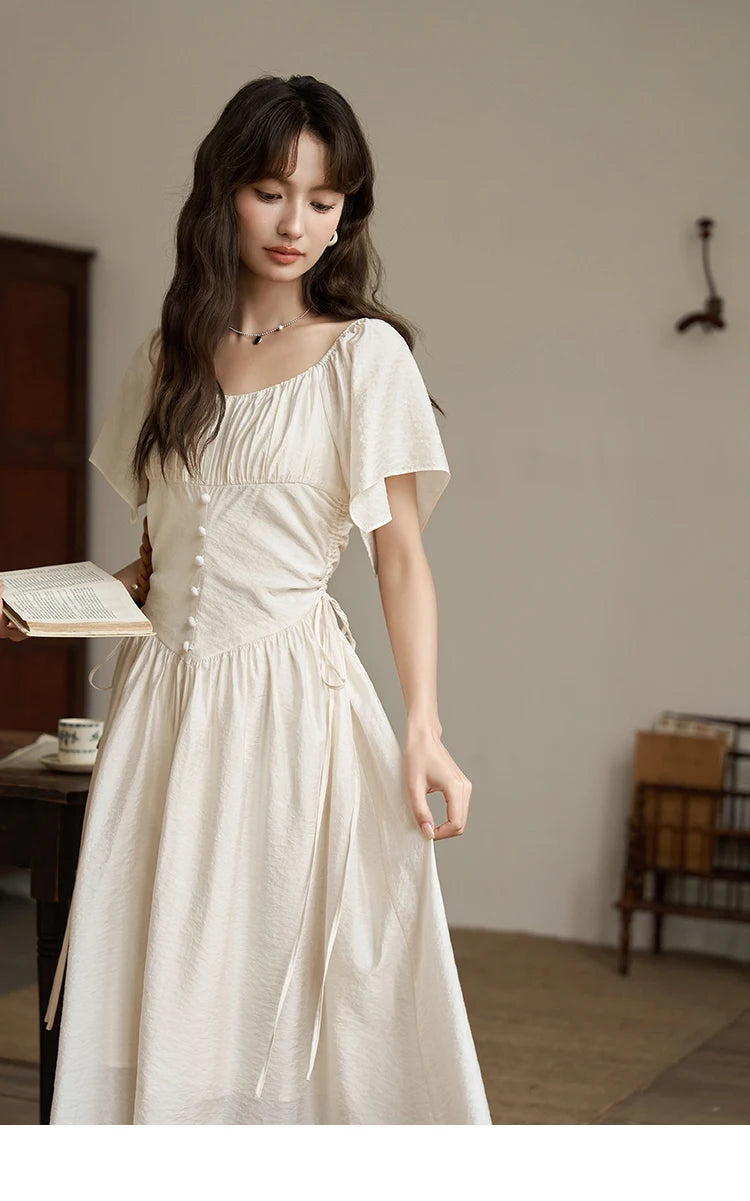 MISHOW Women's Elegant Dress 2023 Summer French A-LINE Butterfly Sleeve Square Collar Solid Lace-up Waist Dresses MXC38L1407
