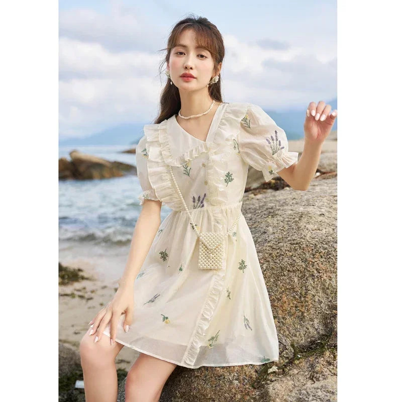 MISHOW Elegant Fairycore Embroidery Flower Dresses 2025 Summer A-line Flare Sleeve Ruffles Sweet Knee-Length Dresses MXC38L1518