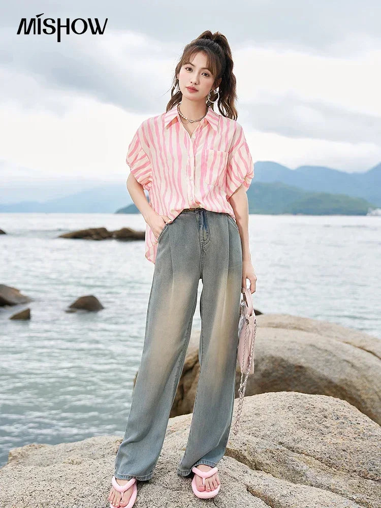 MISHOW Women's Striped Shirt 2023 Summer Korean Loose Puff Sleeve Polo Neck Pocket Casual Tops STRAIGHT Office Lady MXC38C0072