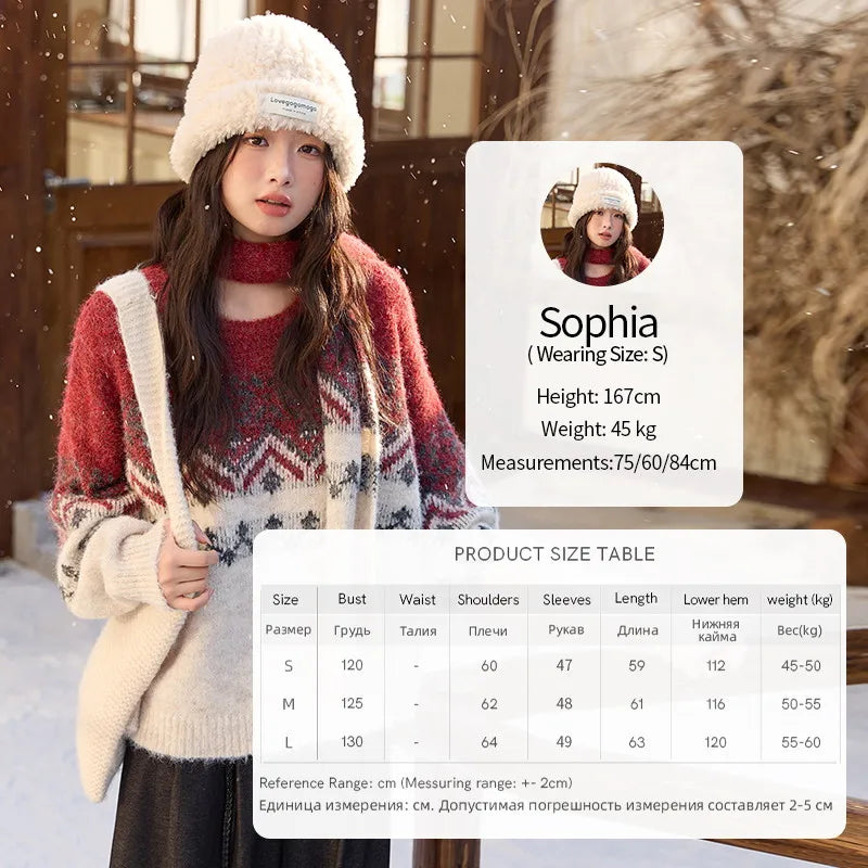 MISHOW Christmas Jacquard Retro Sweater Winter Geometric Red Scarf Fair Isle Sweater Wool Blend Thickened Knitted Top MXE51Z2628