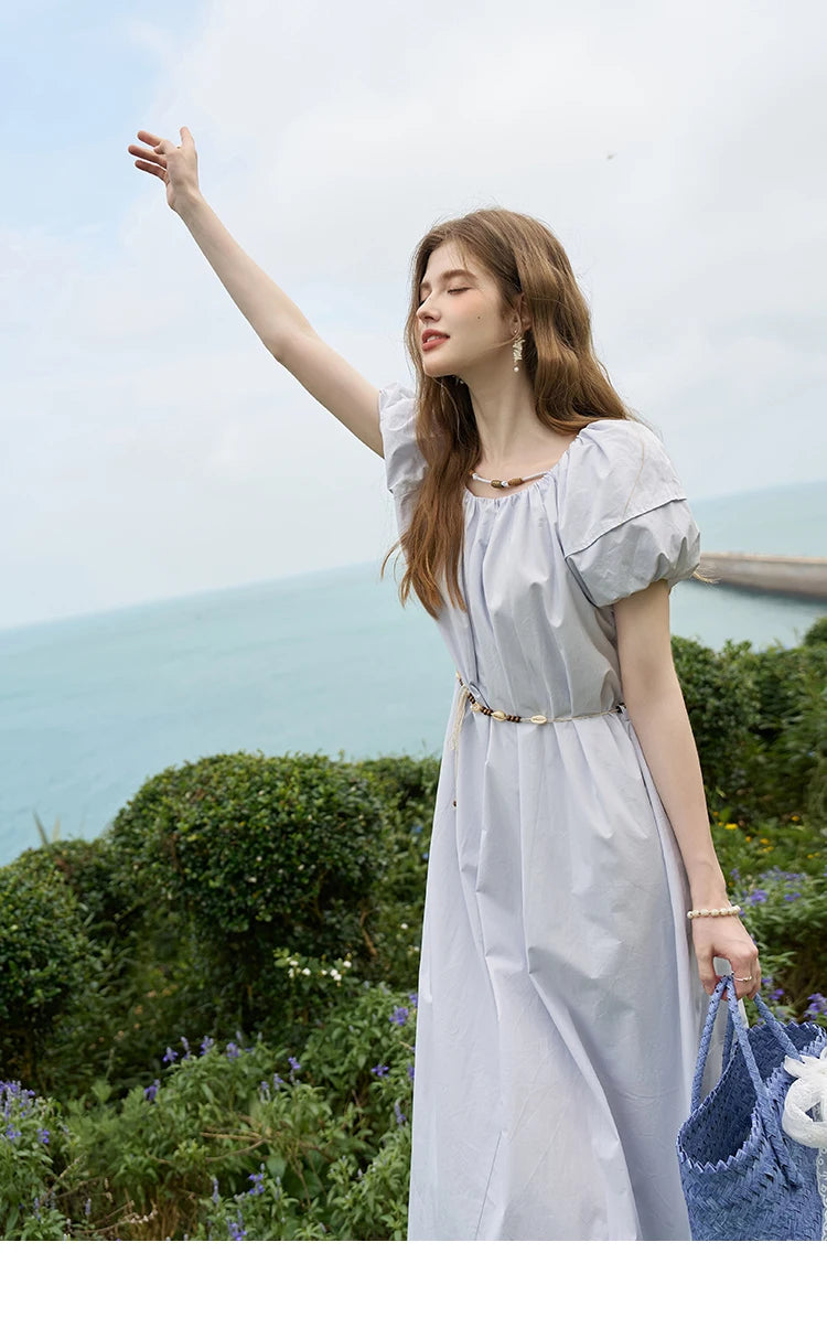 MISHOW 100 Cotton Bohemian Dress 2024 Summer French Elegant Elastic Round Neck Bubble Sleeve Long Dresses with Belt MXD26L1940
