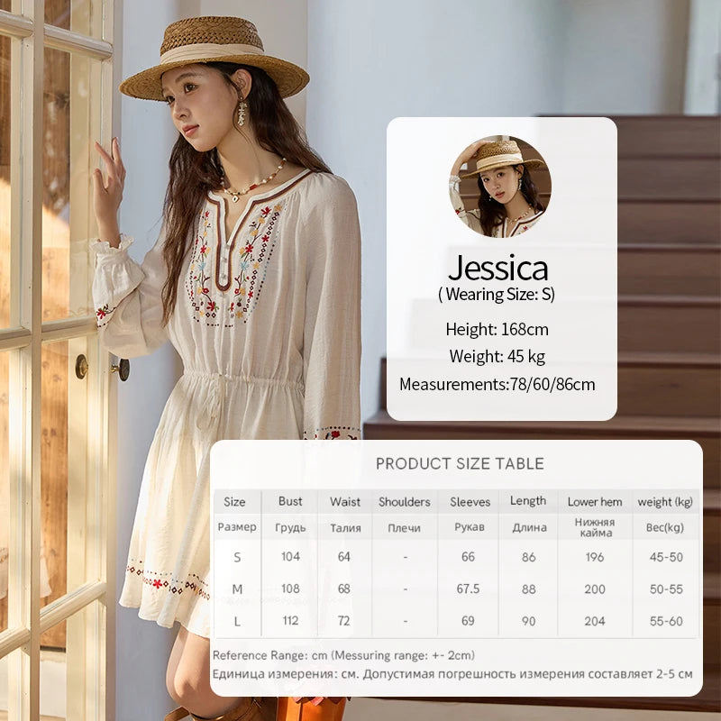 MISHOW Woman Long Sleeve Dress Autumn Elegant V-neck Embroidered Drawstring Waist Dress A-line Bohemian Midi Dresses MXE44L2489