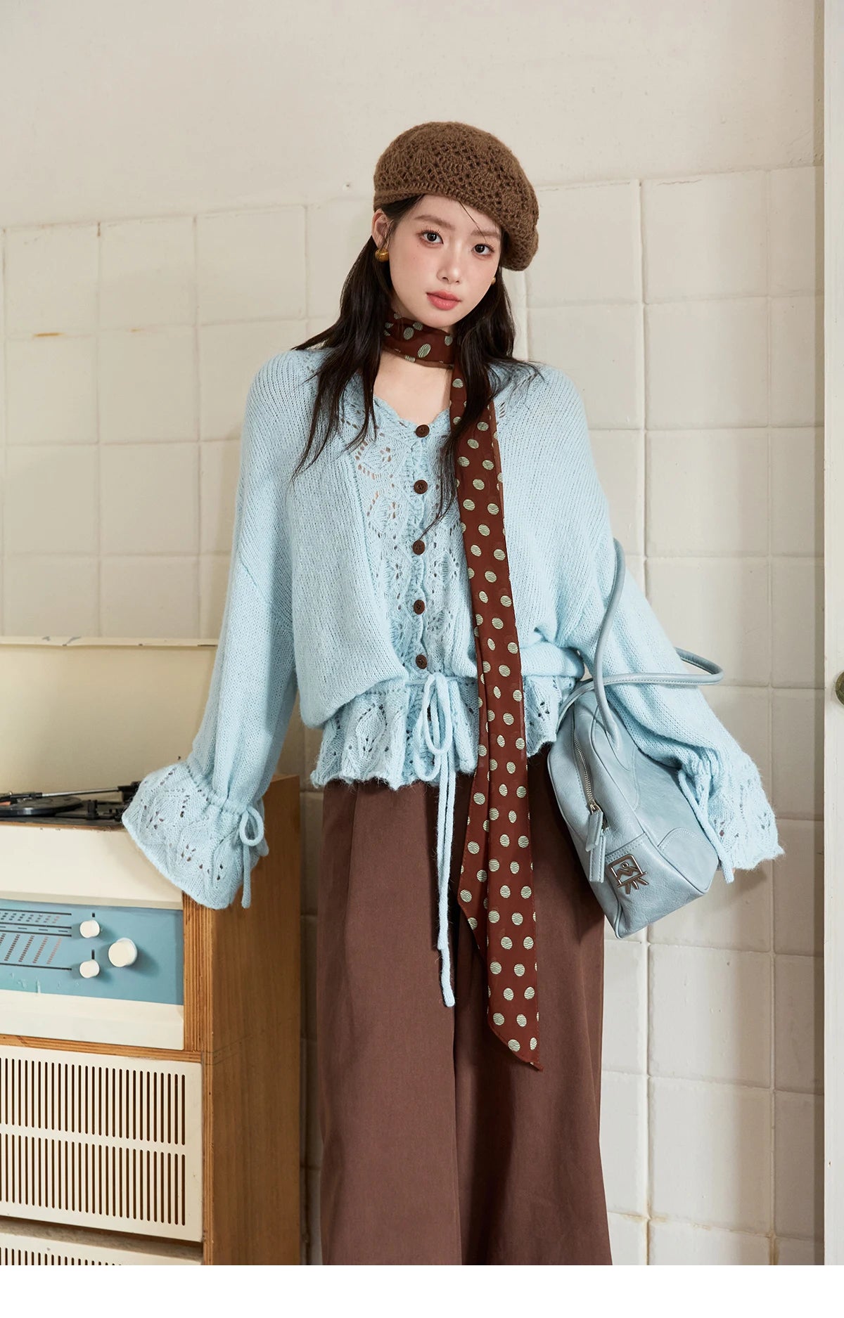 MISHOW Elegant Cardigan Women 2025 Autumn Design Hollow Knit Sweater V-neck Flared Sleeves Loose Casual Sweater MXE47Z2513