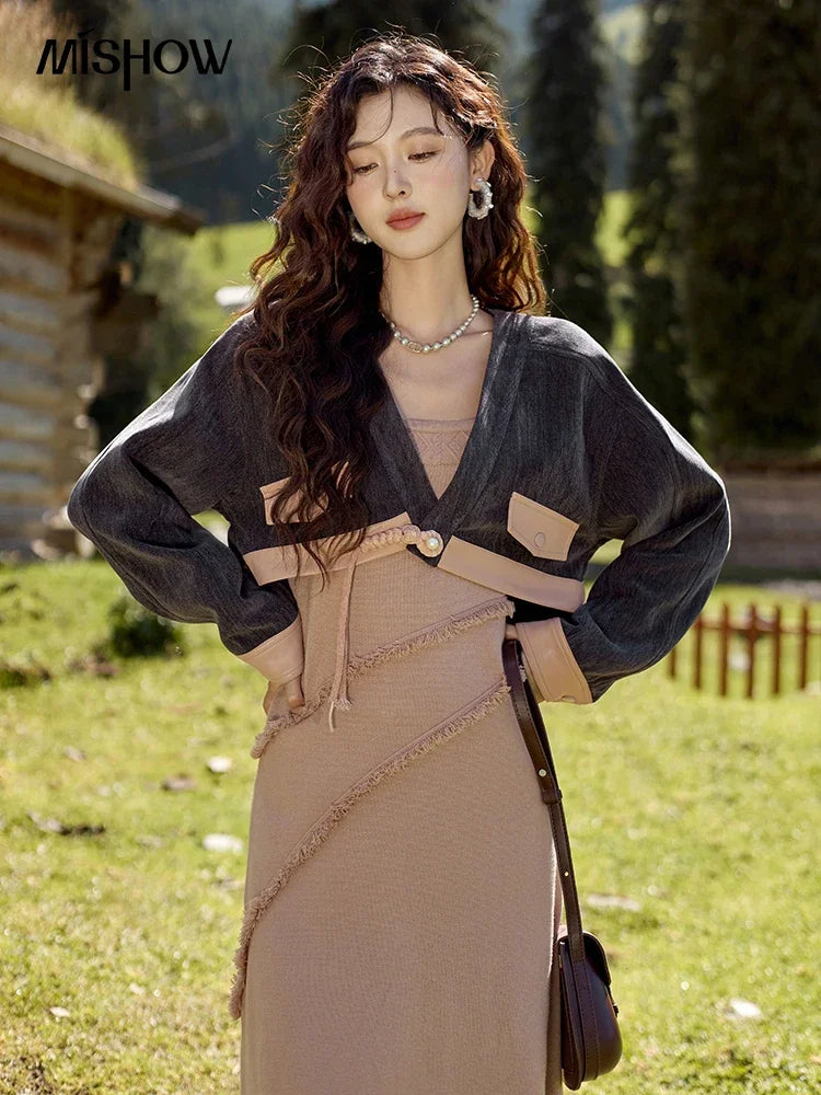 MISHOW Chenille Coat Knitted Strap Dress Separately Autumn Color Blocking Fake Pocket Top Square Neck Tassel Dresses MXD43L2041