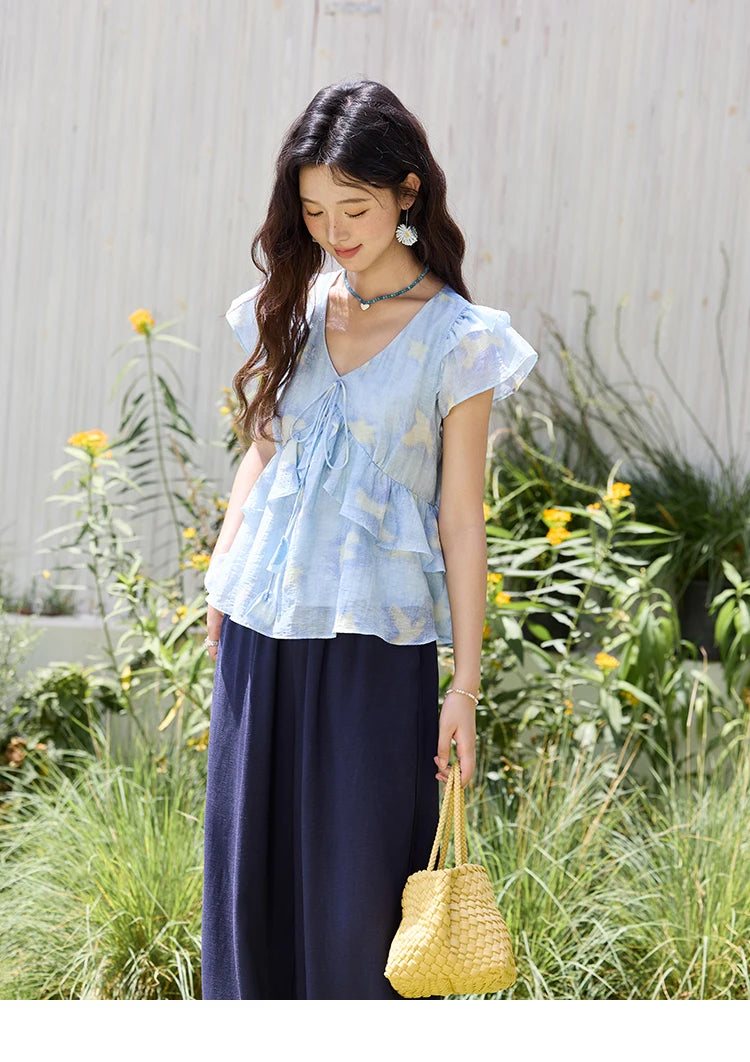 MISHOW Blue Double-layer Ruffled Linen V-neck Blouse for Women Summer 2025 Slim Flying Sleeve Breathable Lace-up Tops MXE33X1819