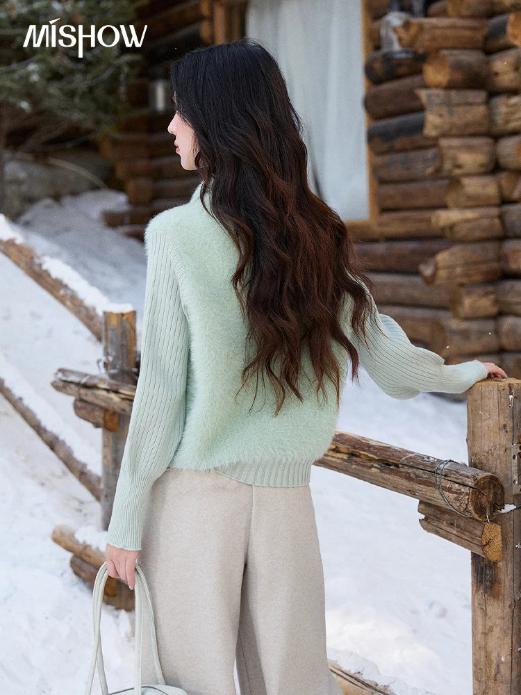 MISHOW Women's Green Faux Mink Fur Patchwork Knitted Cardigan Winter Lapel Warm Soft Knit Top single-breasted sweater MXE86Z2764