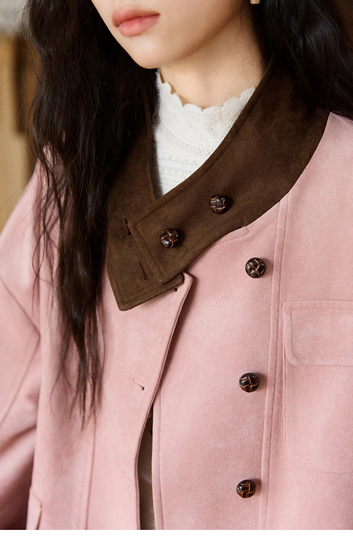 MISHOW Woman Jacket 2025 Autumn French Style Pink Coffee Suede Jacket Contrast Color Stand Collar Loose Short Coat MXE48W0851