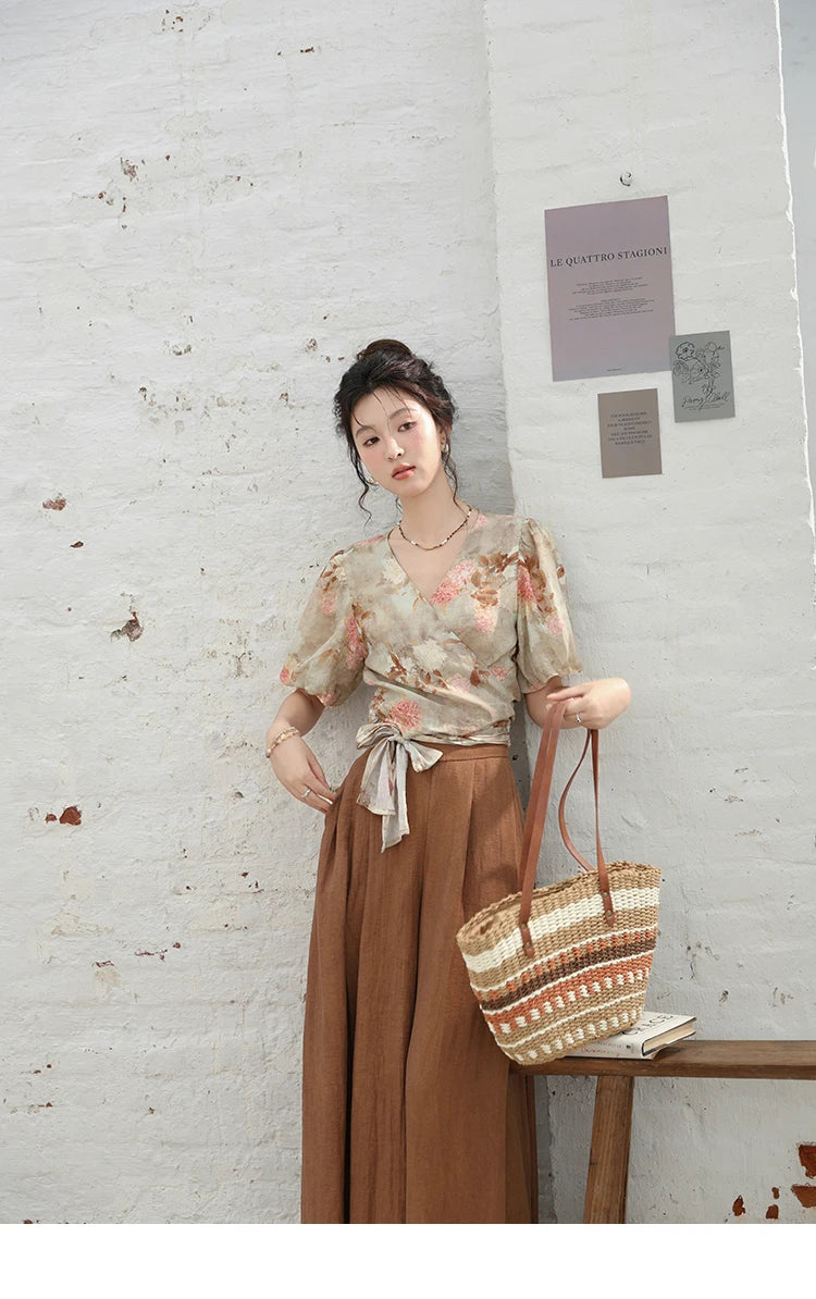 MISHOW French V-neck Floral Tops 2024 Summer Retro Short Sleeved Blouses Female Puff Sleeve Hem Strap One Piece Top MXD28X1619