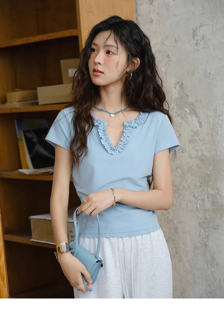 Mishow Lace V-Neck Short Sleeve Tee MXE35T0562