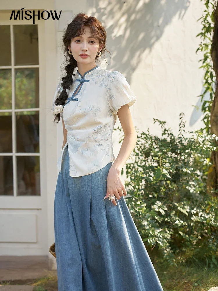 MISHOW Chinese Embroidered T-shirt High Waist Skirt Separately Summer 2024 Short Sleeve Split Hem Tops Denim Skirts MXD28X1604