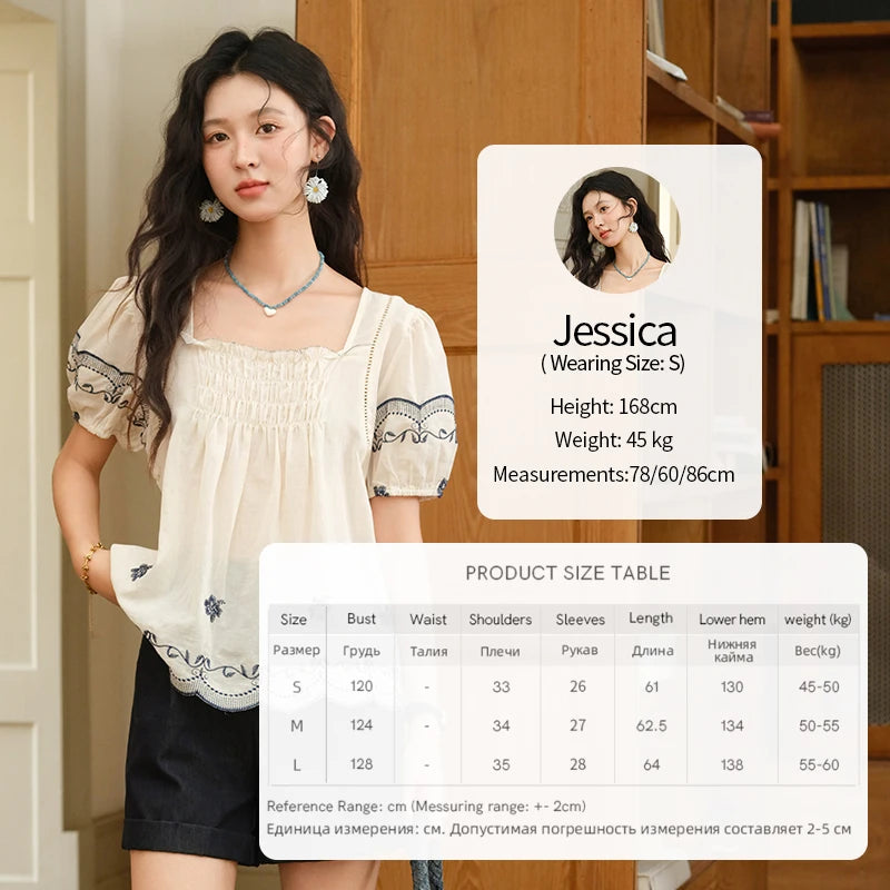 MISHOW Square Neck Puff Sleeve Women's Blouse 2025 Summer Fashion Flower Embroidery Hollow Out Blouse Female Clothing MXE39X1953