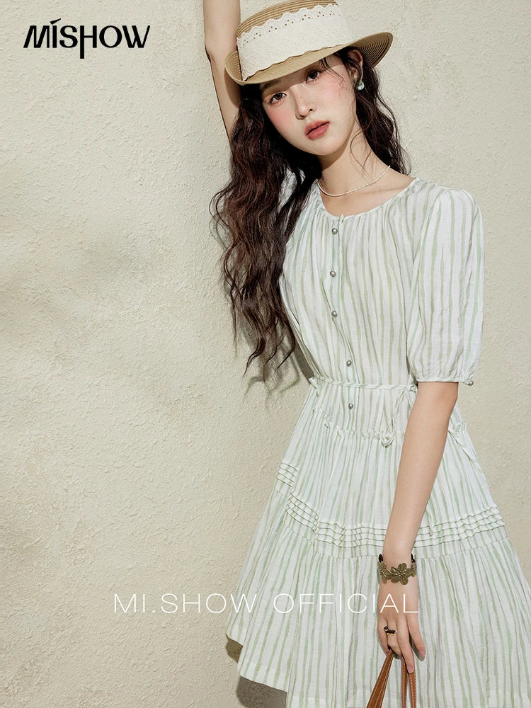 MISHOW French Green Striped Dress Women Summer 2025 Short Puff Sleeve Round Neck New Mid-length Dresses Woman Fashion MXE15L2141