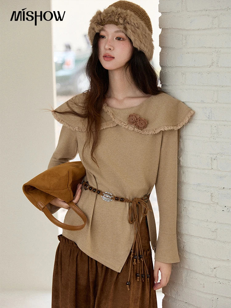 MISHOW Women's Long-sleeved Tops 2025 Winter Retro Brown Three-dimensional Flower Decoration Round Neck Knitted Tops MXE51Z2593